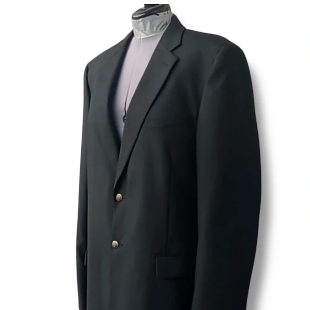 Vintage Black Wool Blend Blazer Men's 44R Brass Buttons Formal Wool Sport Coat